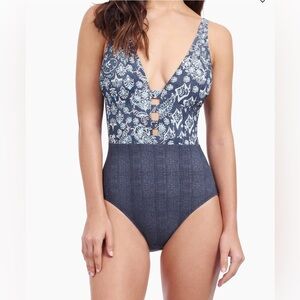 Profile by Gottex Flores Halterneck One-Piece Swimsuit Blue Print Size 14